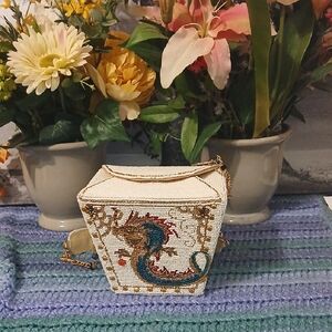 Mary Frances Beaded Dragon Mini Bag - Cream and Gold 6x5x4